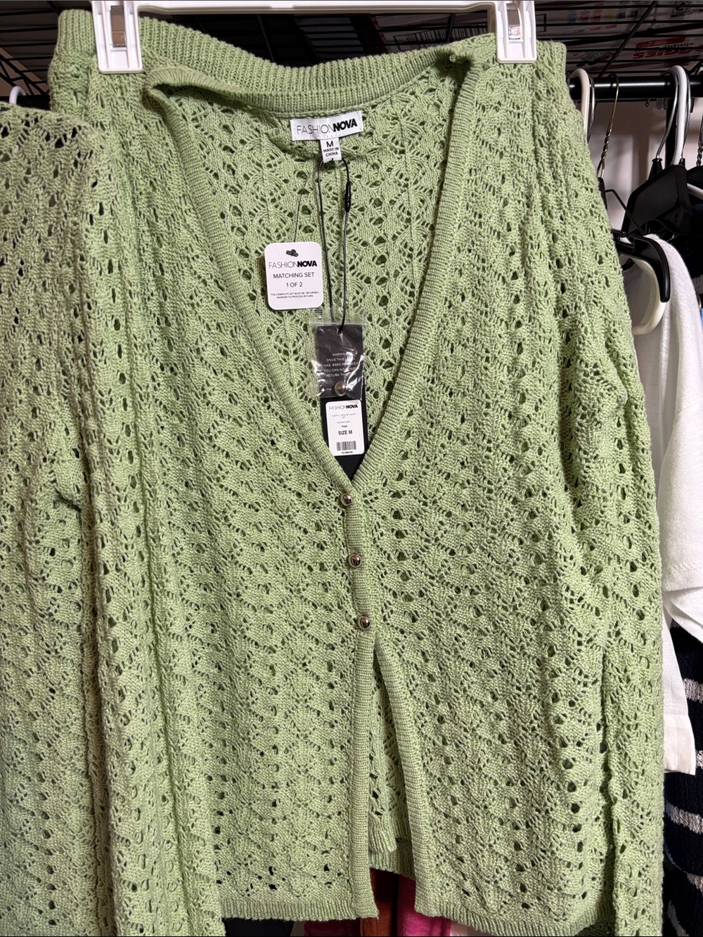 Fashion Nova Sage Green Crochet Button-Up Cardigan skirt and top